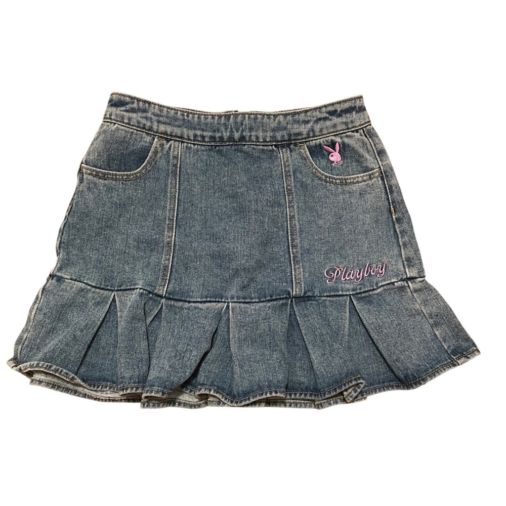 Playboy by PacSun Mini Skirt Y2K Denim Pleated Ruffle Pink Bunny Logo Size 26‎